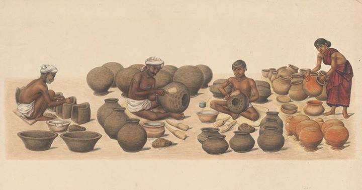 RBSI - Painting; gouache and watercolour, Pot maker, Tanjore, ca. 1840 -  ca. 1850 This painting provides a detailed depiction of a potterâ€™s  workshop in Thanjavur. On the left a man is making domestic
